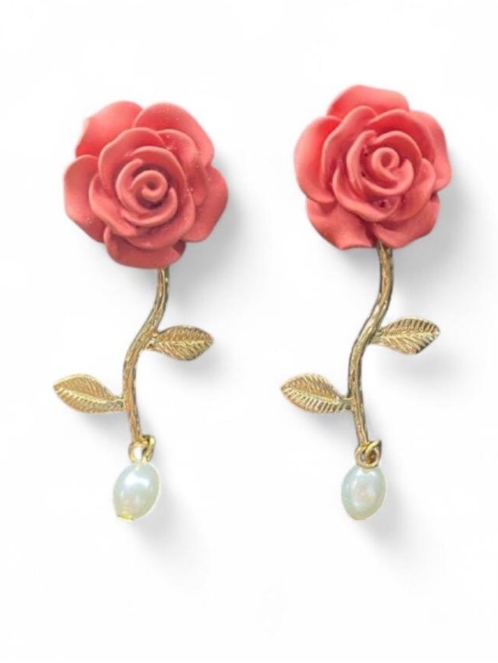 Vintage Inspired Red Rose Gold Stem Delicate Leaves Dangling Pearl Drop Earrings